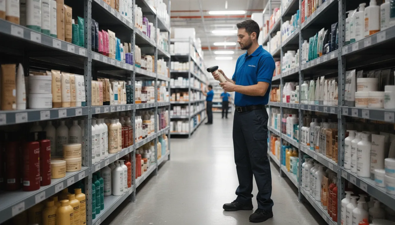 Warehouse worker scanning barcodes on shelves in a beauty supply distribution center
