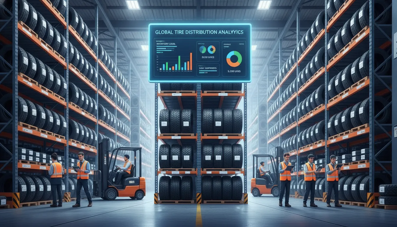 Tire distribution warehouse with ERP software dashboard and workers using tablets