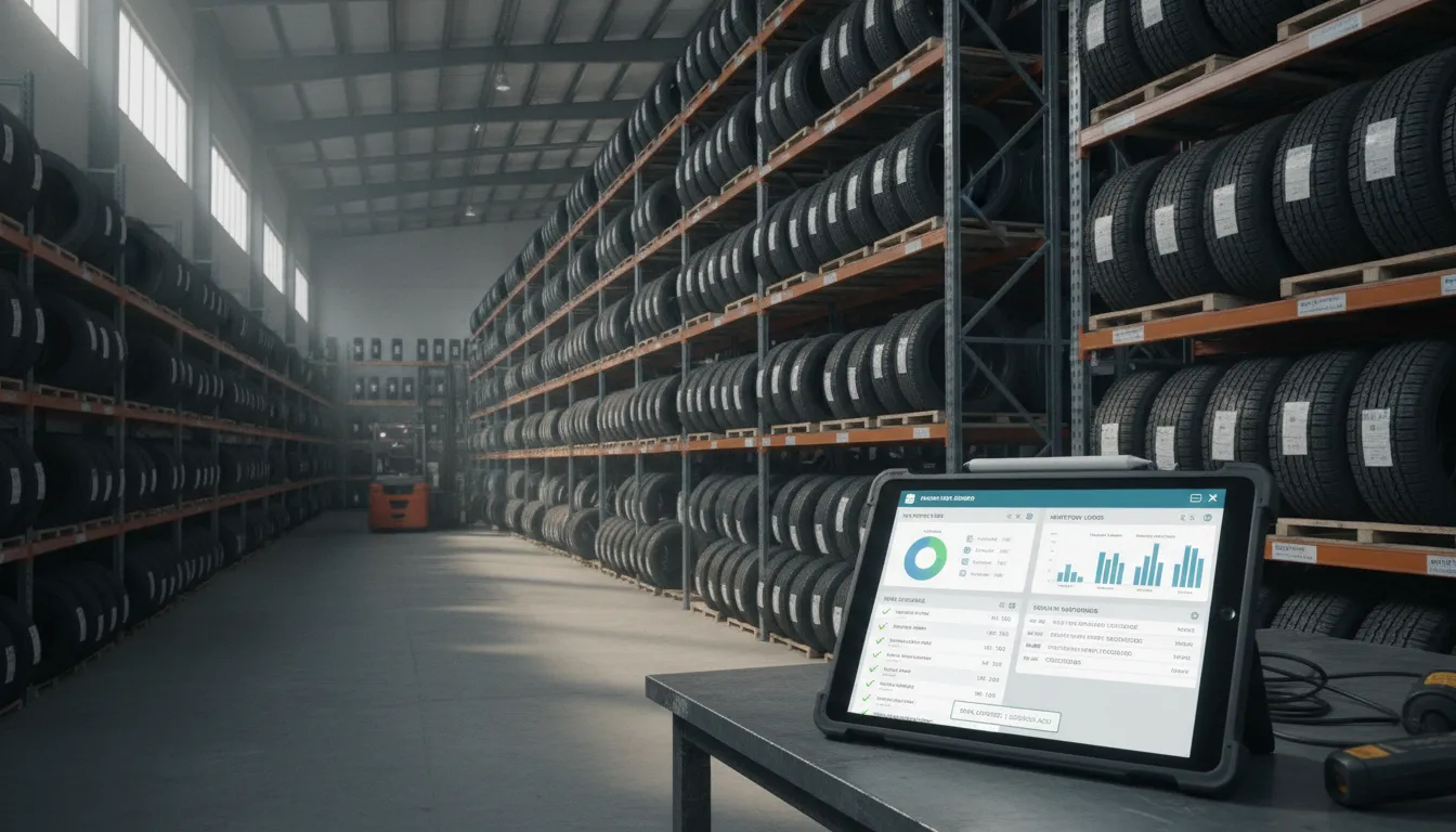 Tire distribution warehouse with tablet displaying integrated POS and ERP dashboards