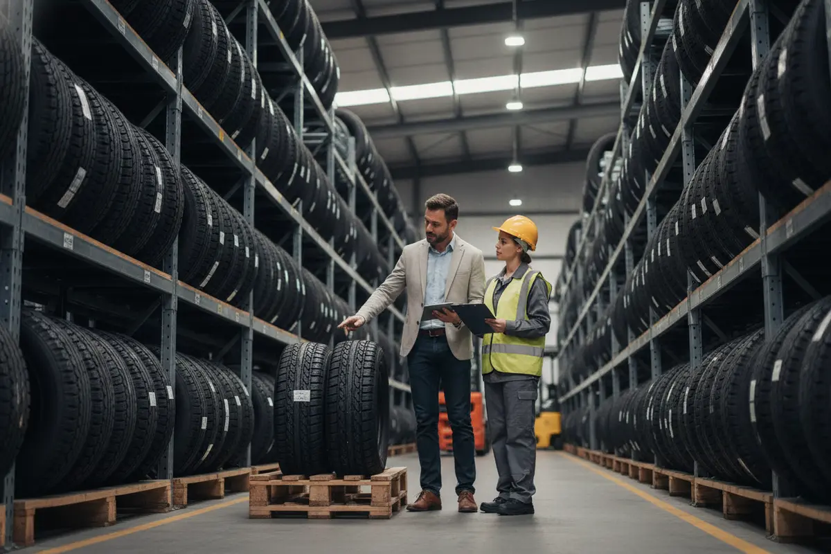 Tire distribution staff reviewing an order handoff between sales and warehouse operations