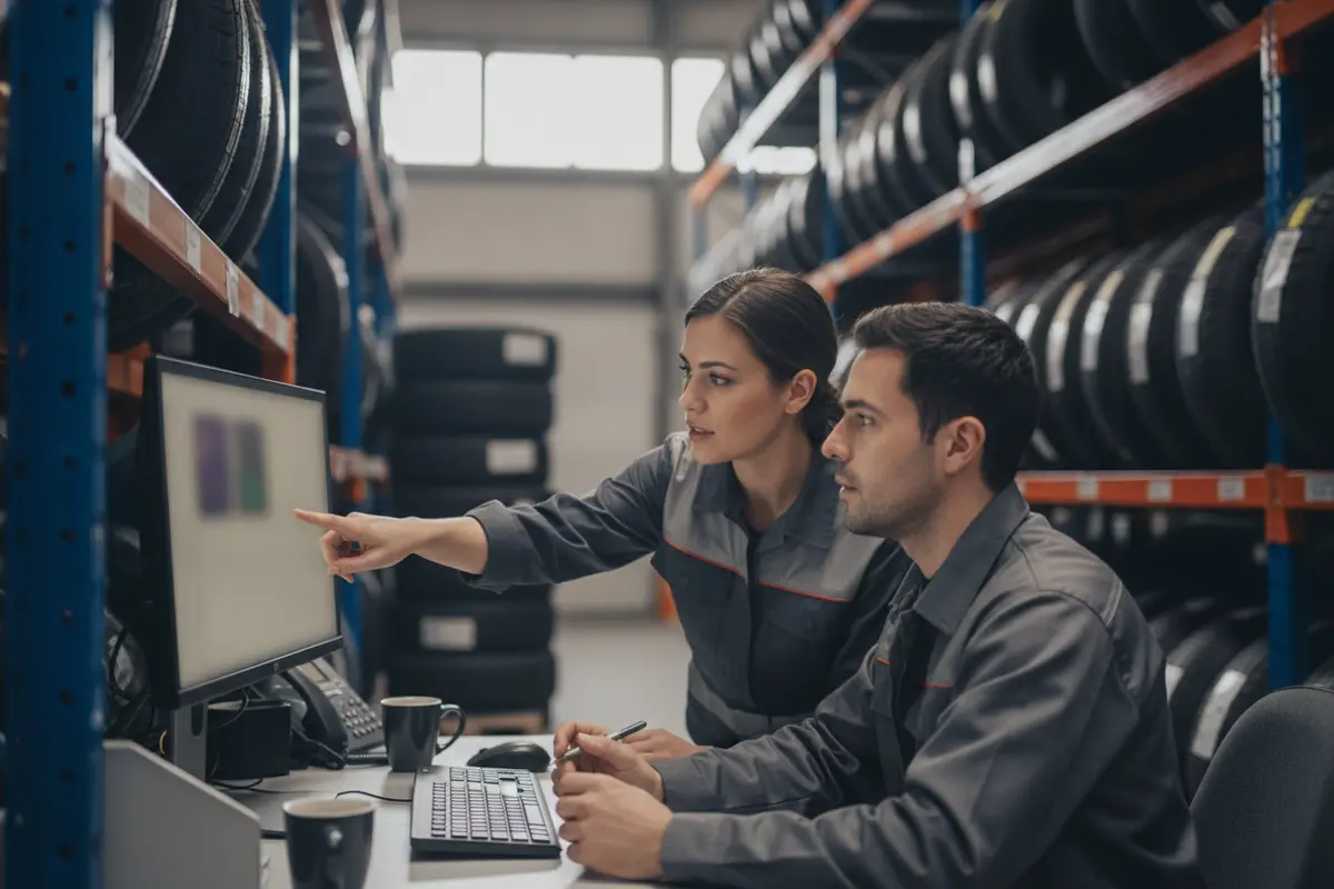 Tire distribution staff reviewing customer order details at a workstation