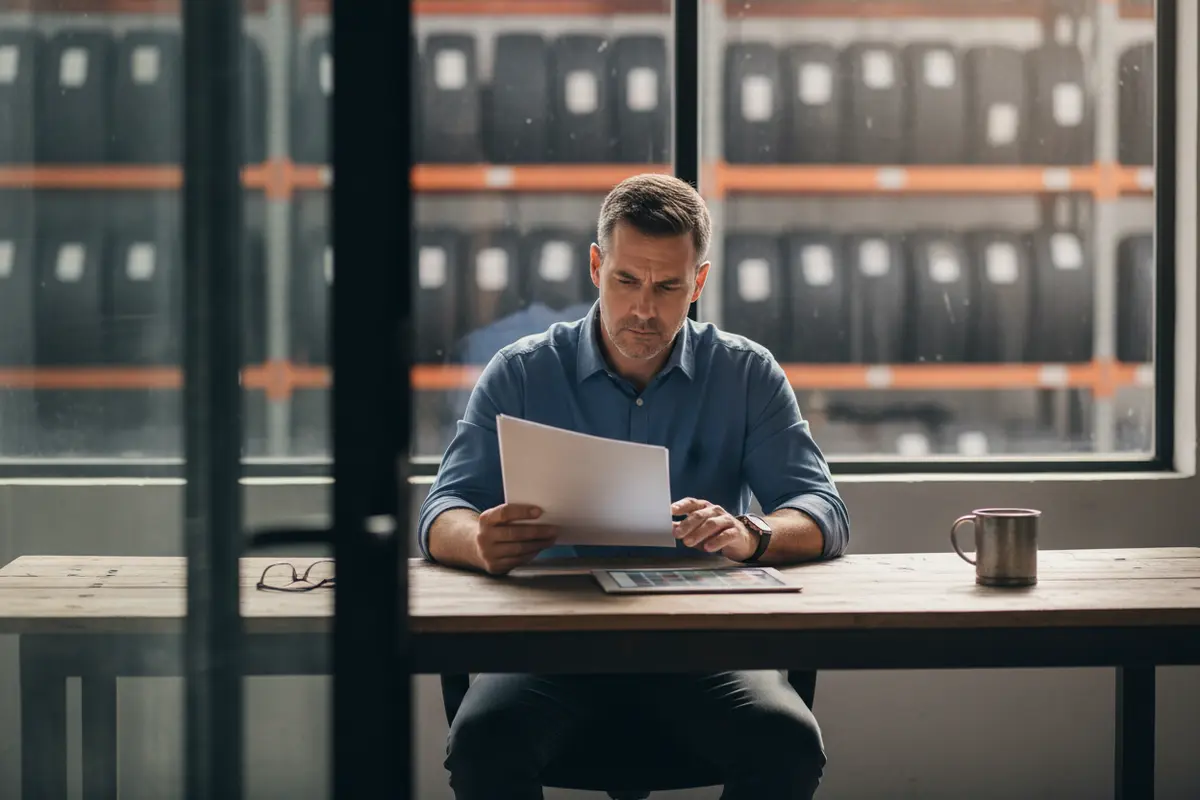 Tire distributor buyer checking stock levels before preparing a supplier purchase order