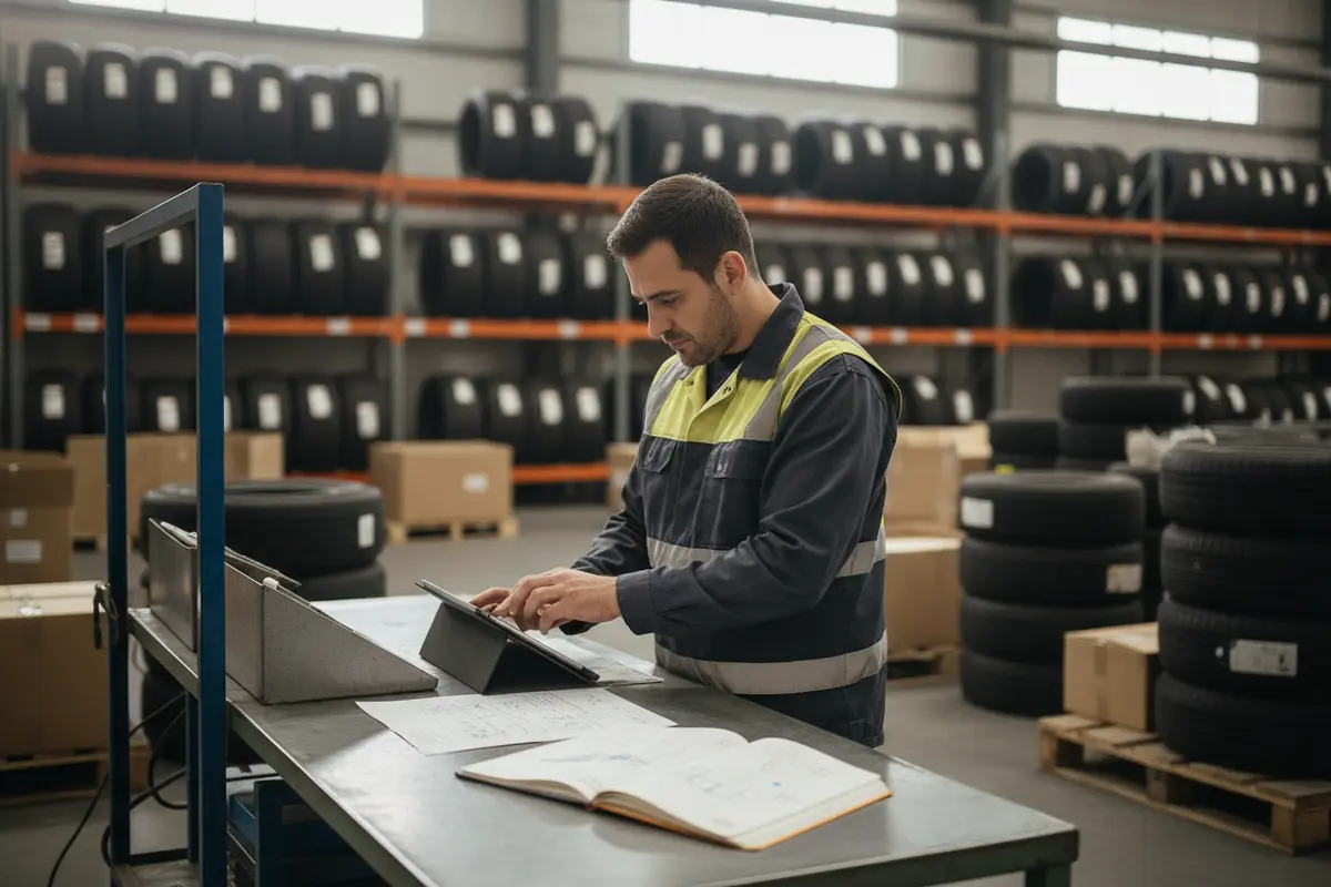 Tire distributor employee checking an order against warehouse inventory