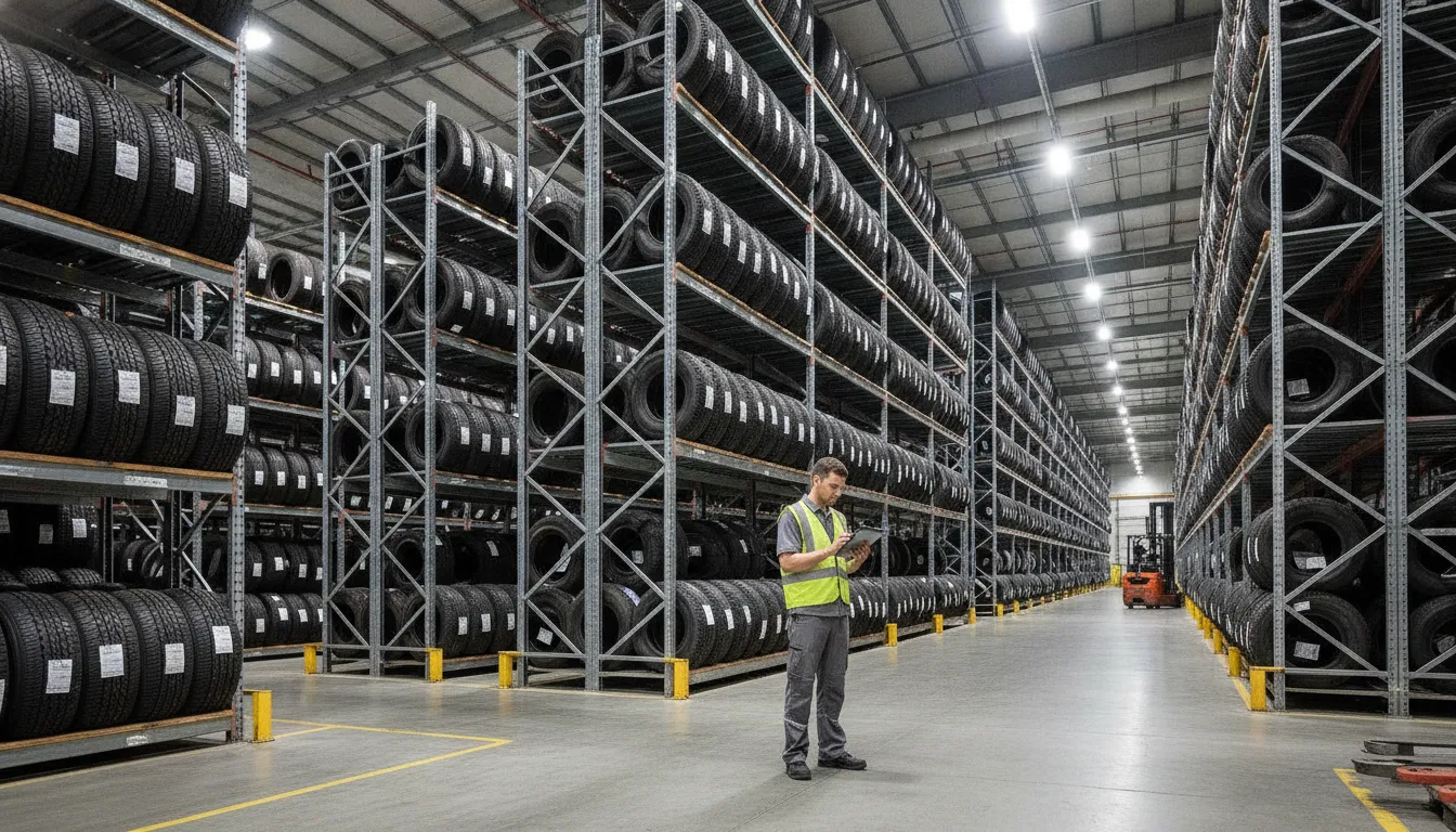 Tire warehouse distribution center with organized rows of tires on heavy-duty shelving and a worker using a tablet for inventory management