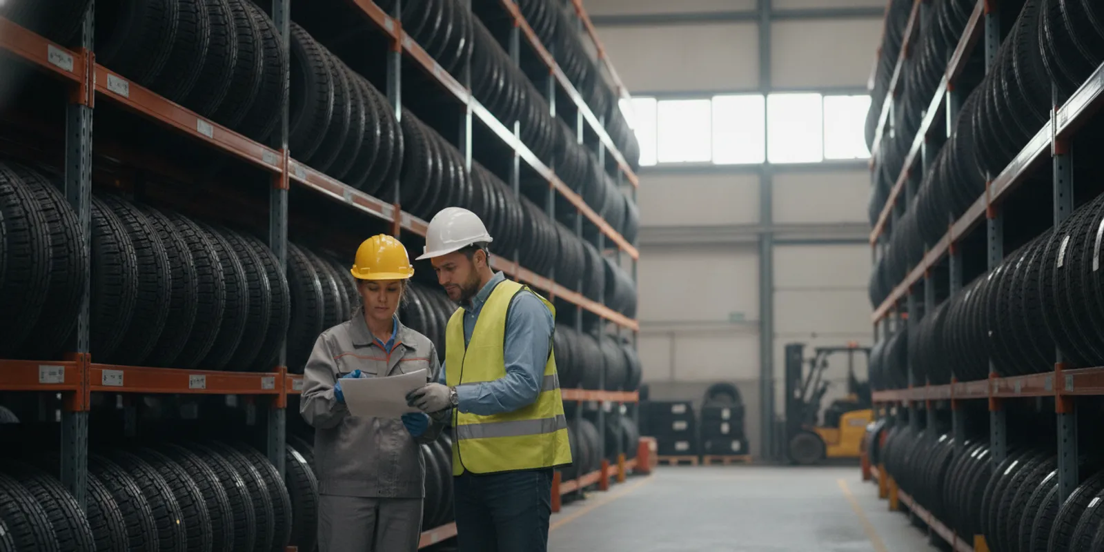 Warehouse team reviewing tire inventory and a purchase order near stacked tires