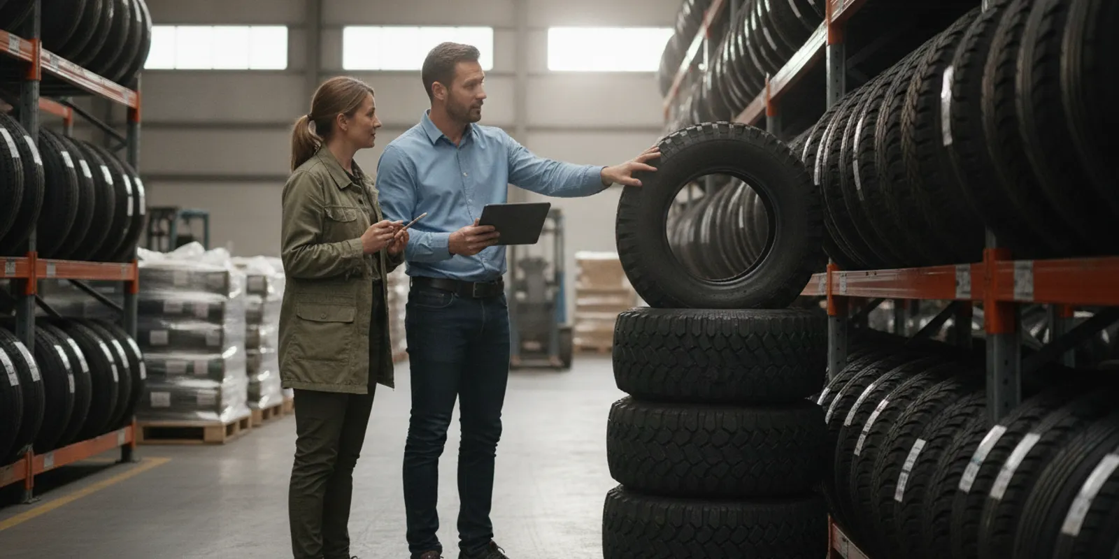 Tire distributor sales representative reviewing an order with a customer in a warehouse aisle