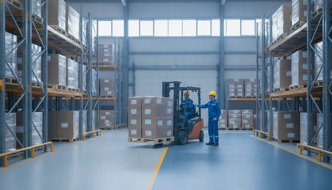 Warehouse staff coordinating a tire transfer between distribution zones