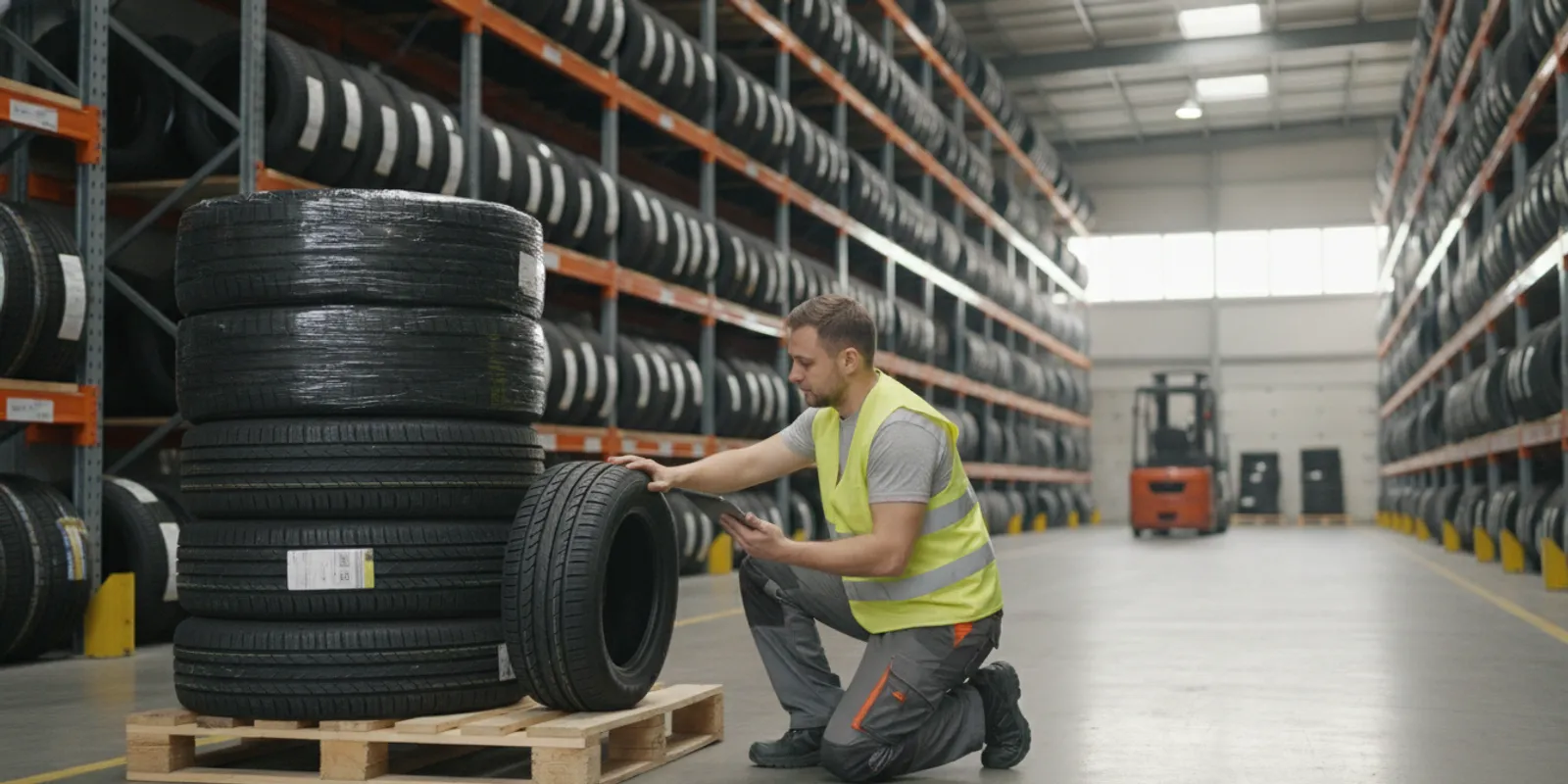 Warehouse employee checks a delivery of tires against a receiving record