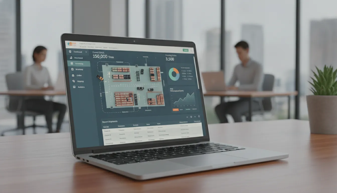 Tire distribution ERP software dashboard on a laptop in a modern warehouse office setting