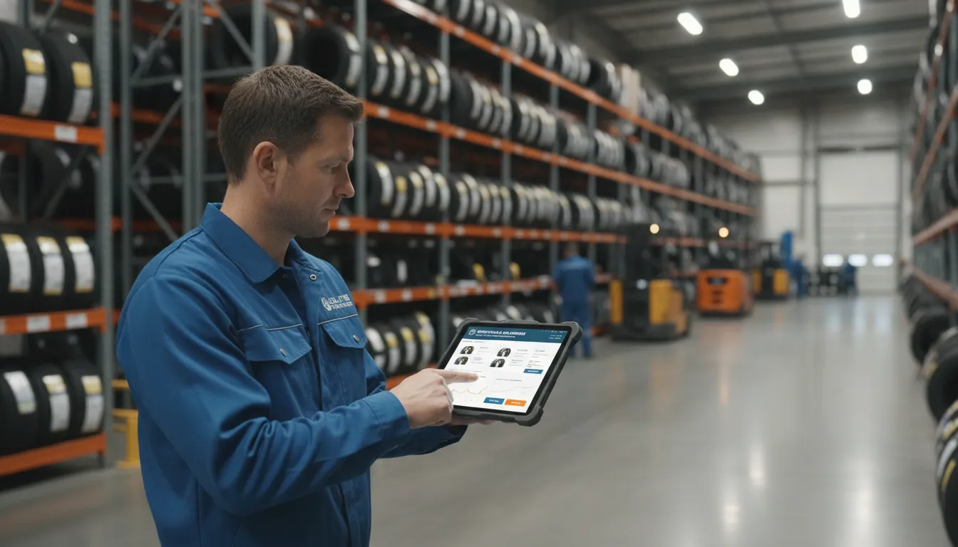 Tire distribution warehouse worker using a tablet for B2B ordering and inventory management