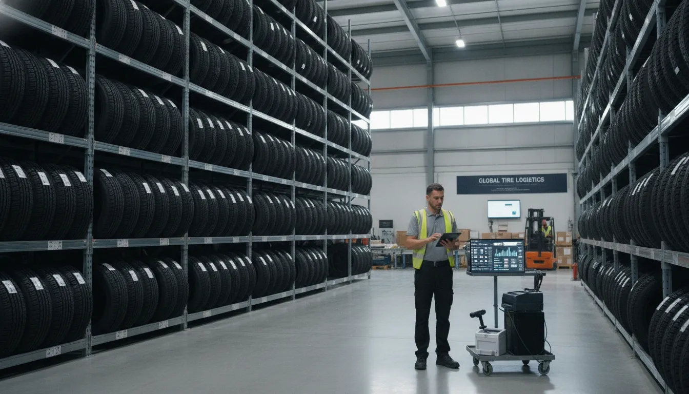 Tire distribution warehouse worker using tablet for inventory and ecommerce order management