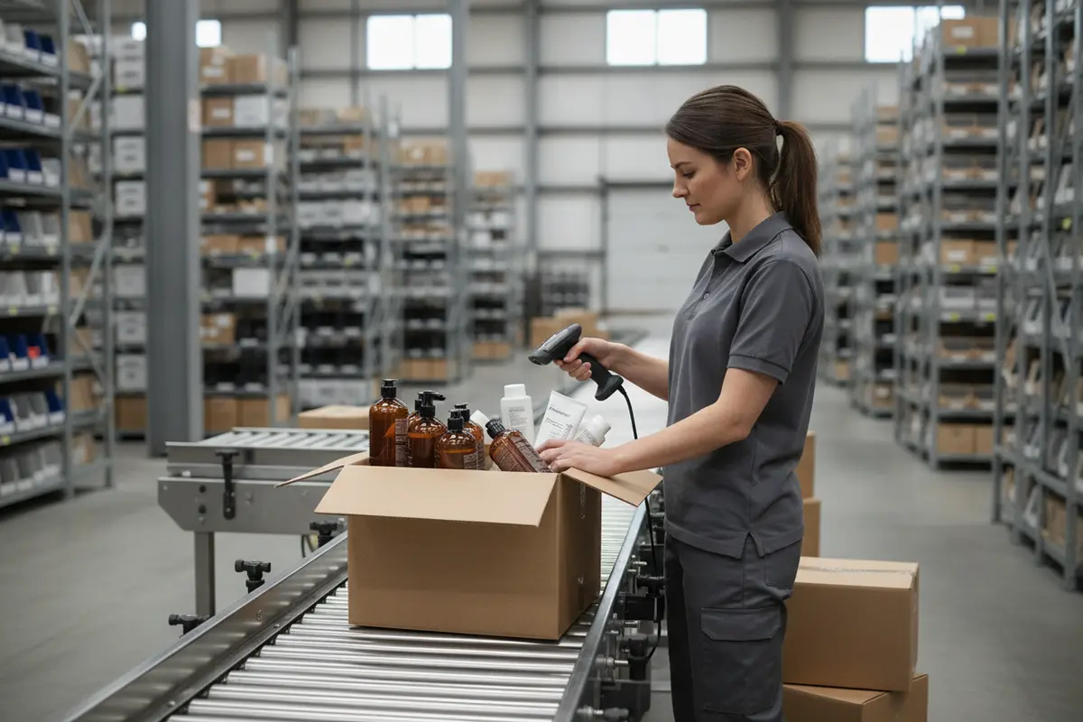 Warehouse associate checking incoming professional beauty products at a receiving station