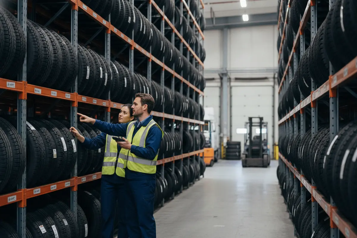 Warehouse colleagues checking tire availability for an open order