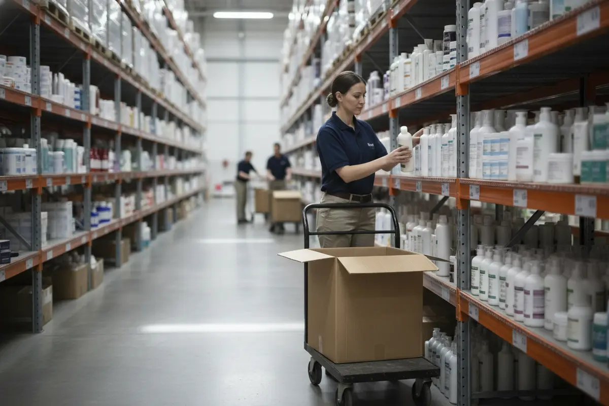 Warehouse employee carefully picking beauty products for a wholesale order