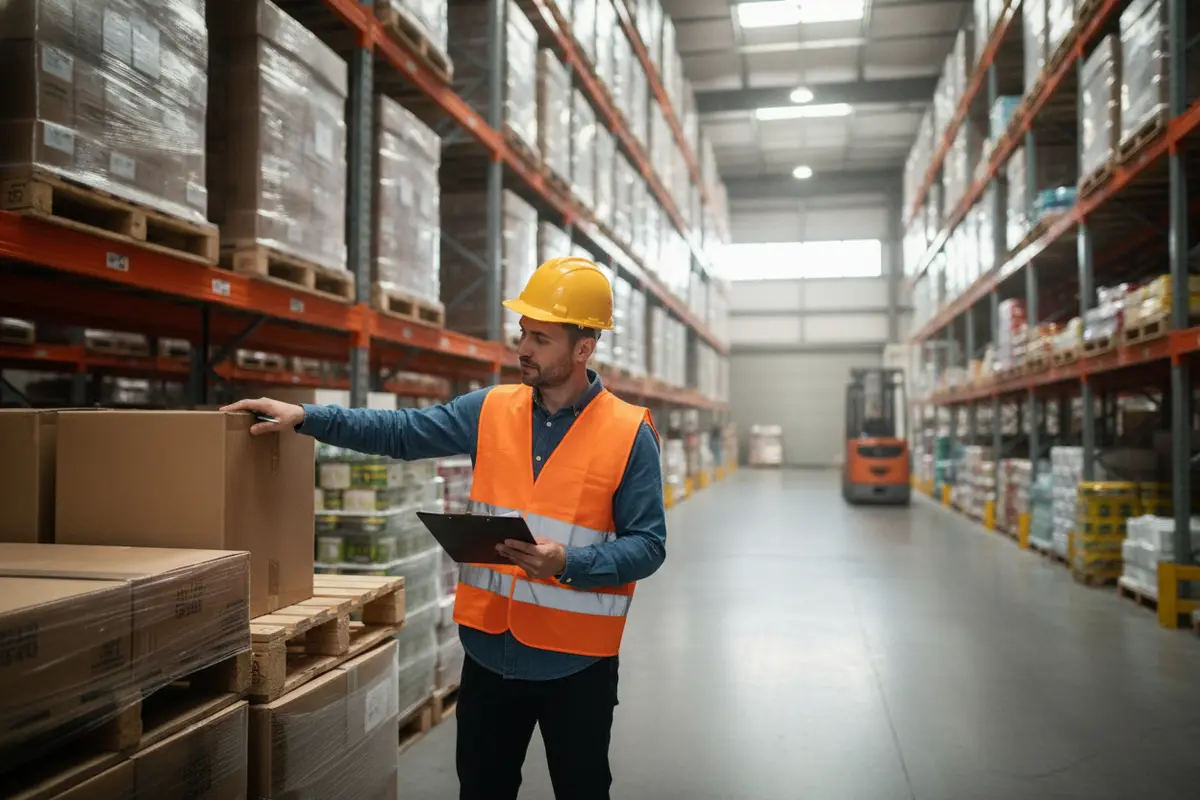 Warehouse employee checking received cartons against a purchase order