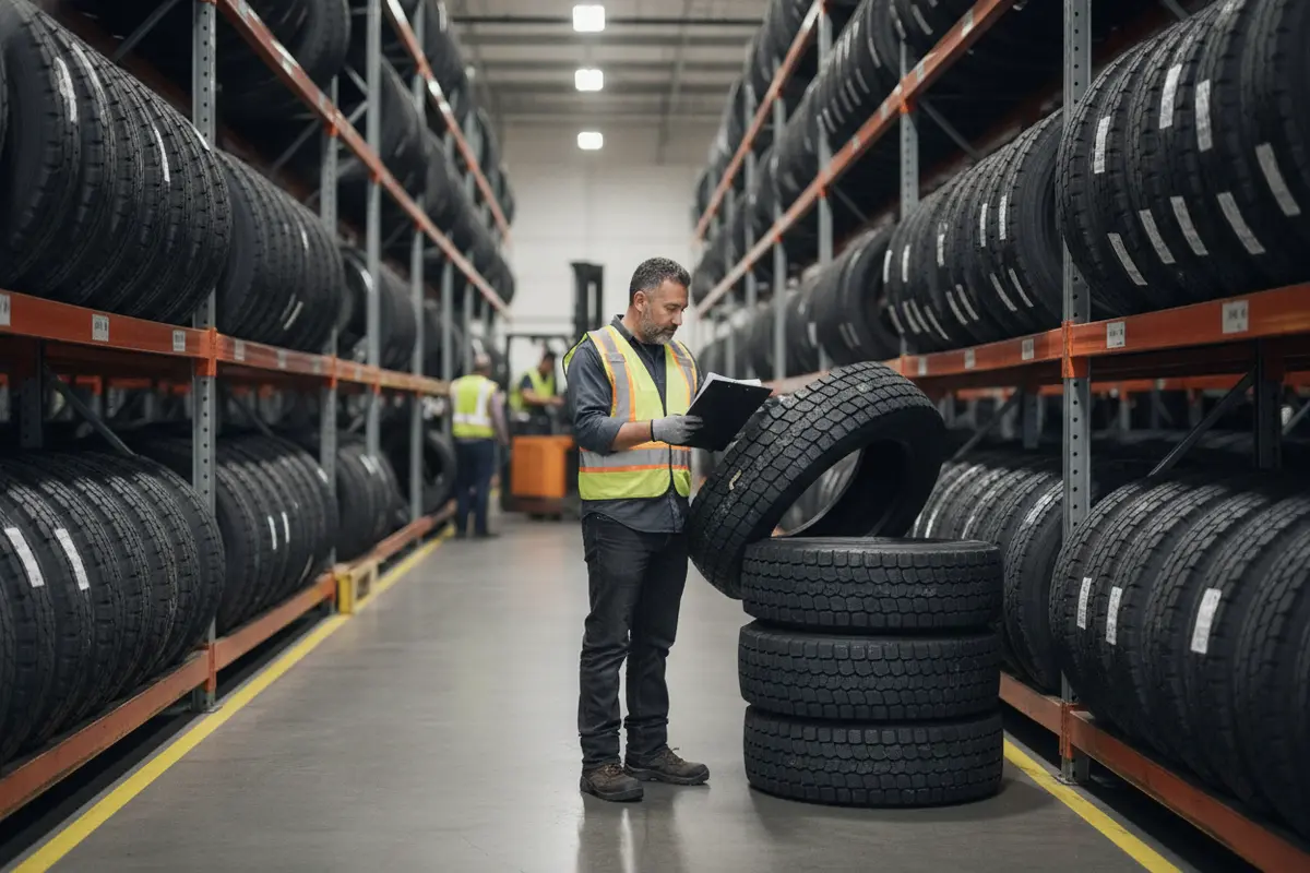 Warehouse employee comparing delivered tires with purchase order details at receiving