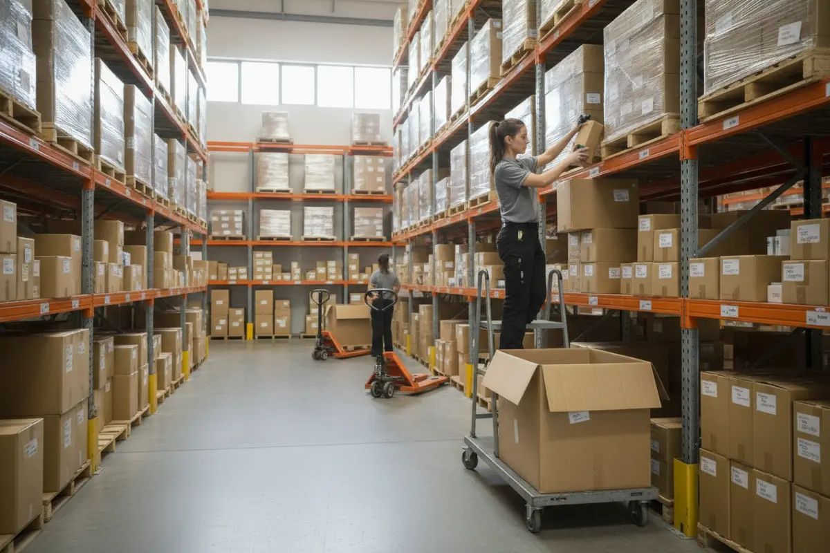 Warehouse employee picking beauty supply products for a wholesale order