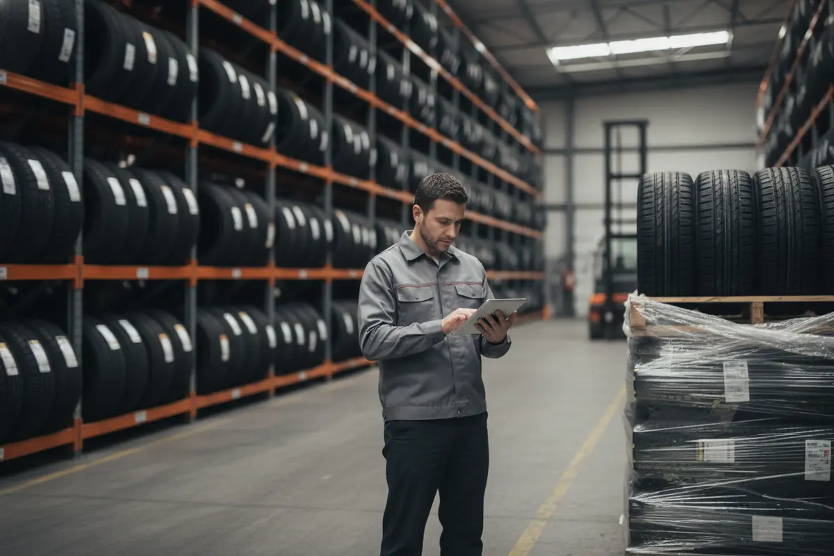 Warehouse manager checking tire inventory and order staging across a distribution aisle
