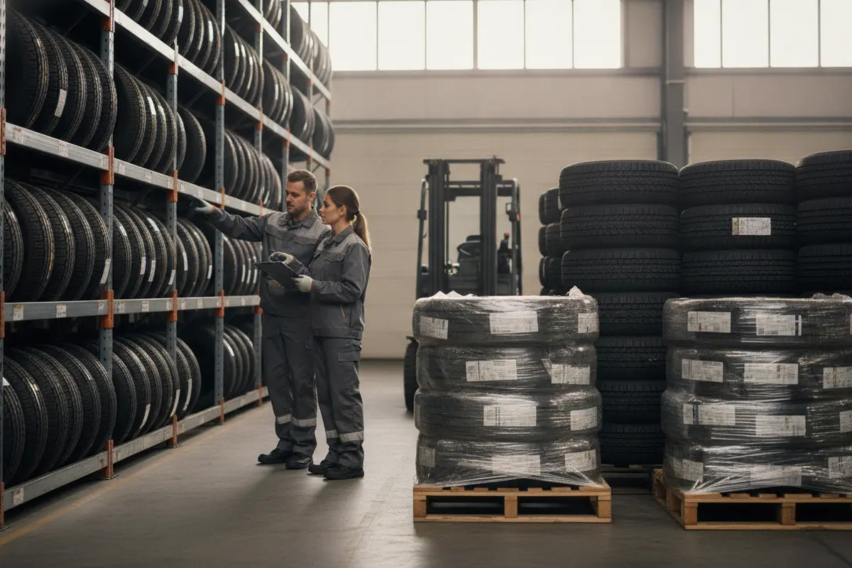 Warehouse staff checking tire stock and preparing a distributor order