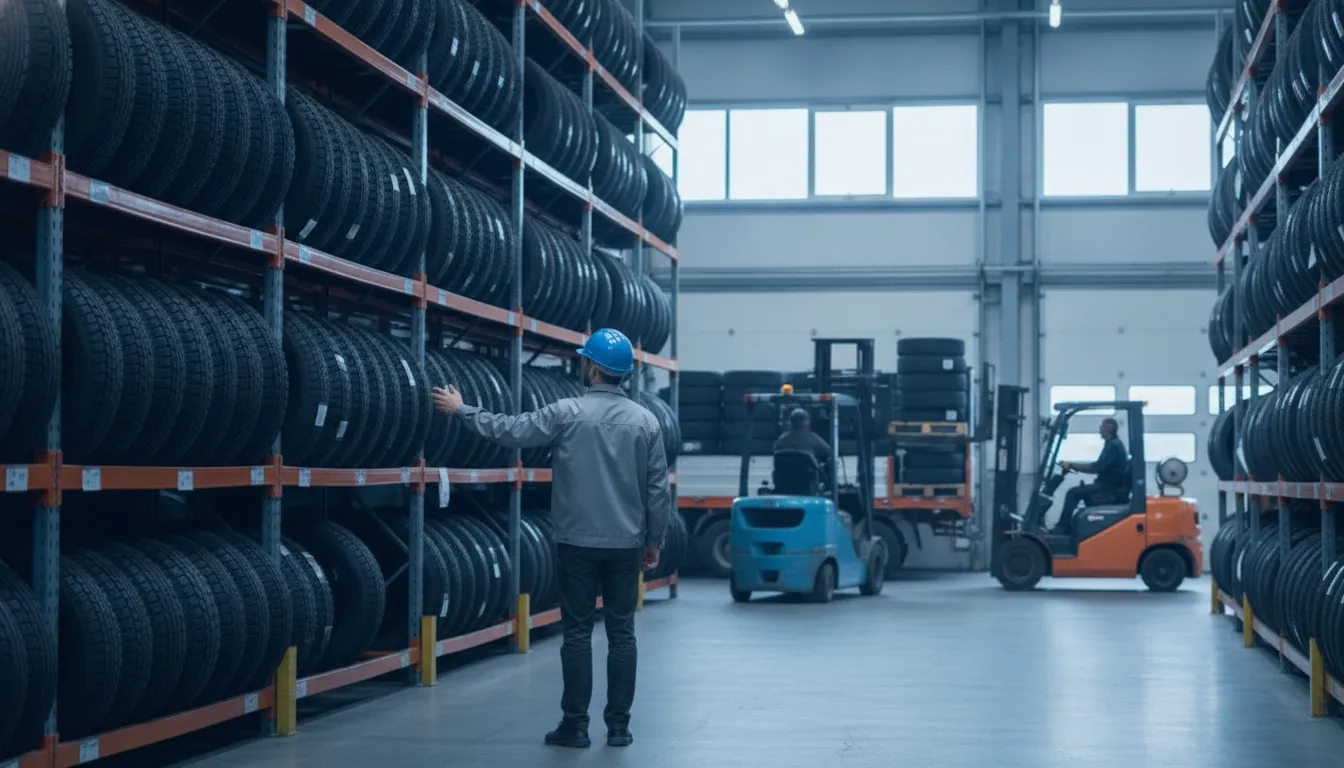 Tire distribution warehouse with organized inventory racks