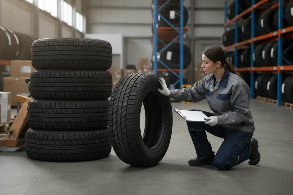 Warehouse worker checks a tire and receiving paperwork during inspection
