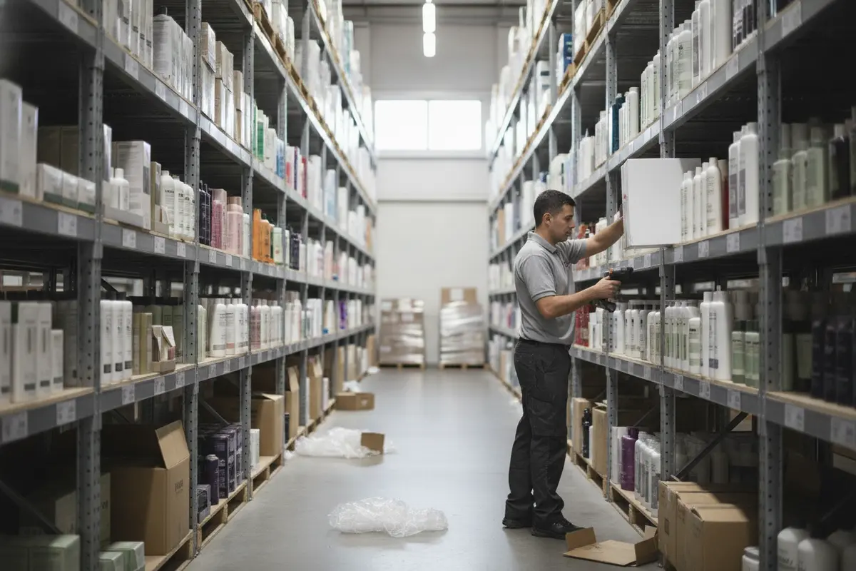 Warehouse worker picking professional beauty products for a wholesale order