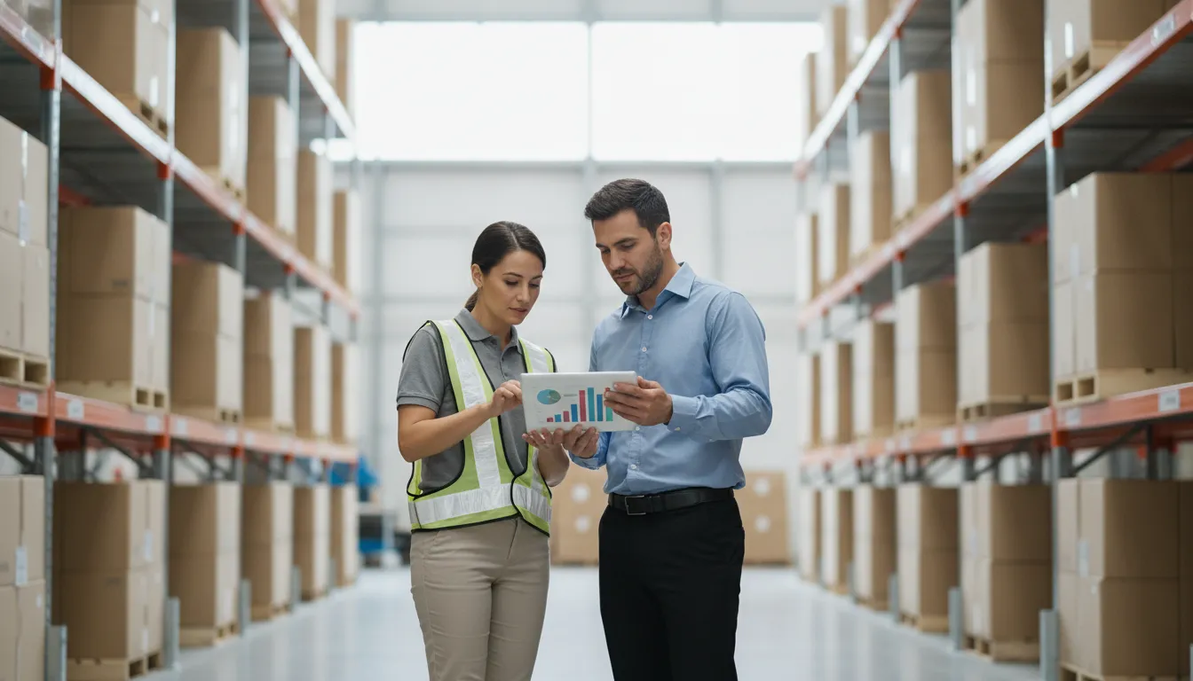 Warehouse manager and distributor lead reviewing inventory on a tablet in a distribution warehouse