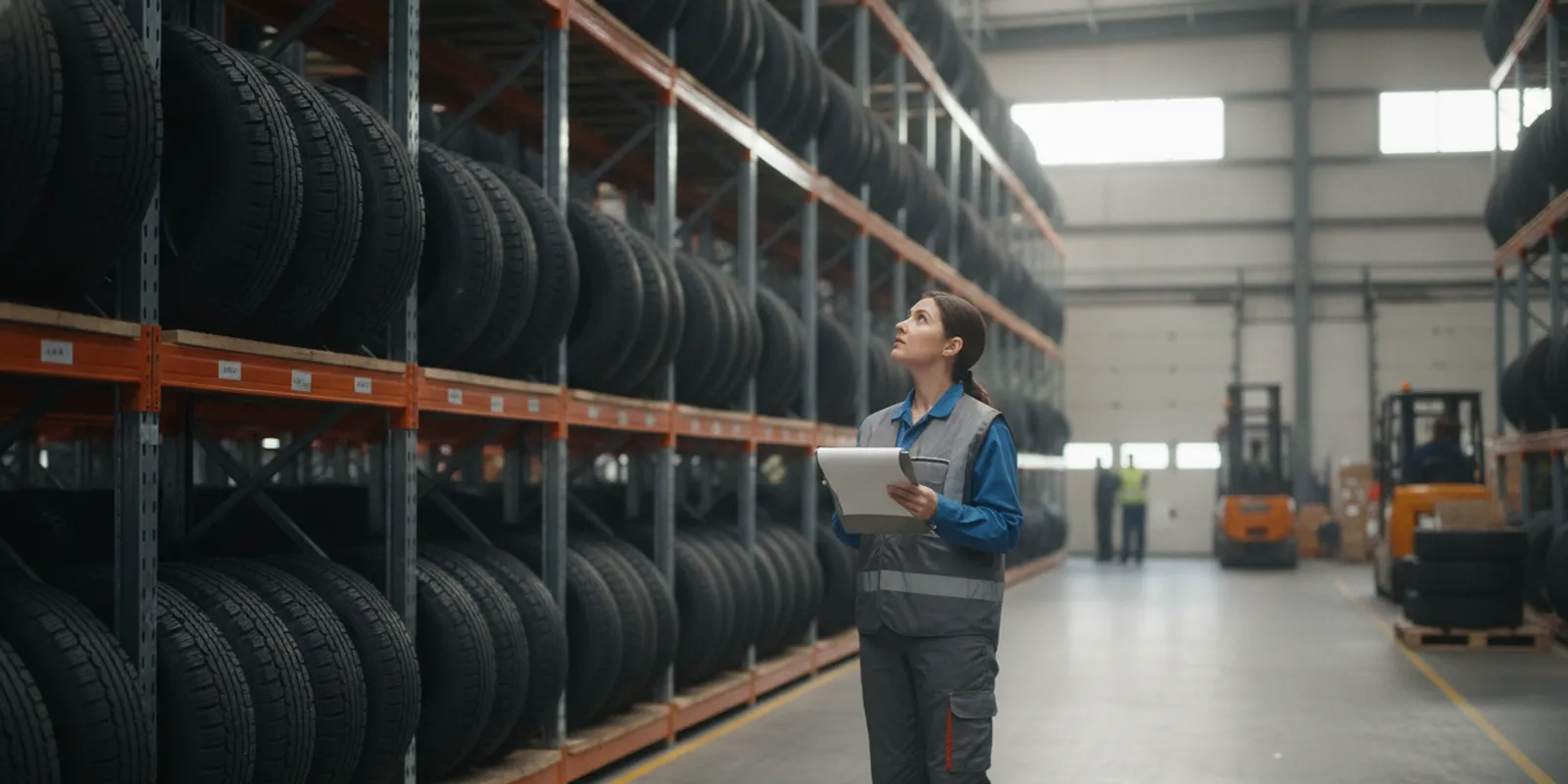 Warehouse team member reviewing tire inventory beside organized pallet racks