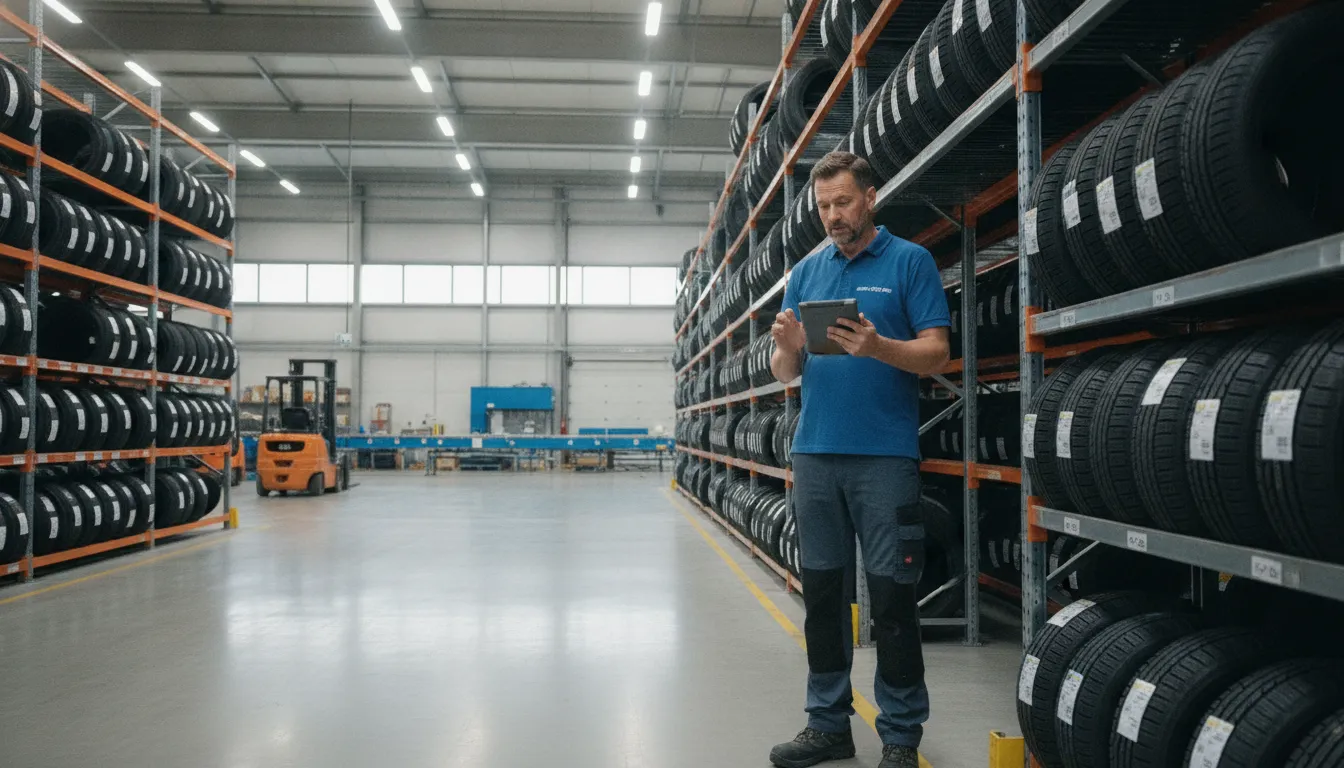 Warehouse manager reviewing tire inventory on a tablet with rows of stacked tires in a distribution warehouse