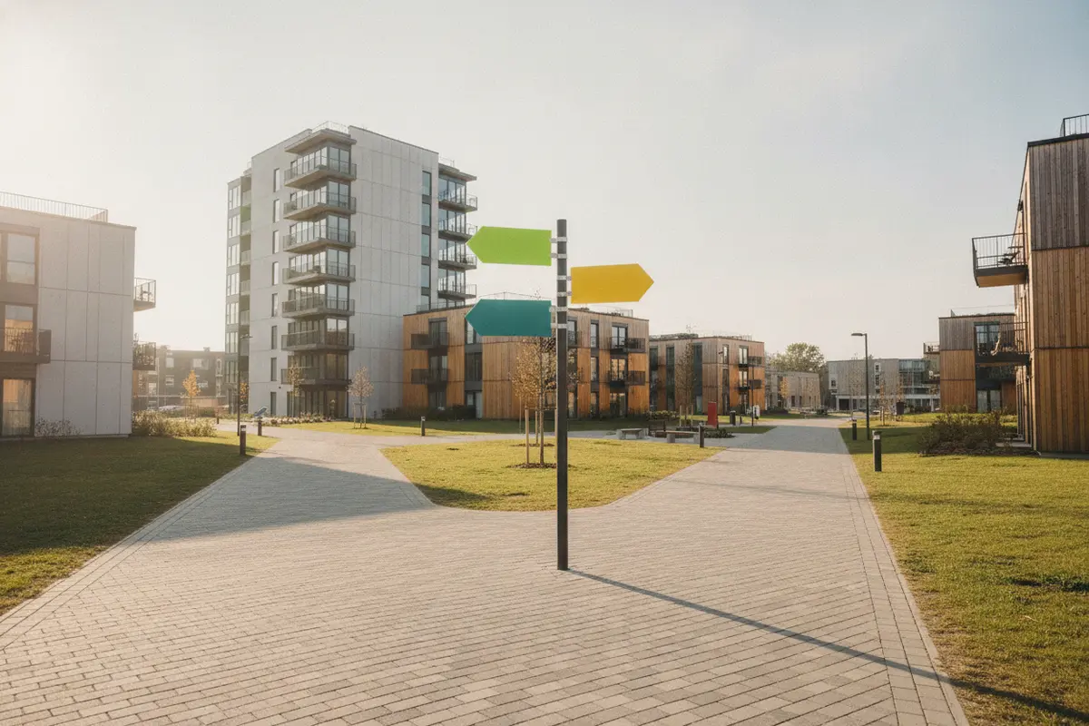 A pedestrian path connecting student housing buildings with directional signs