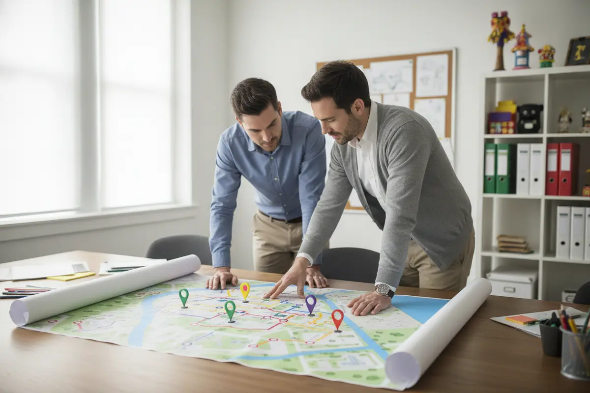 A planner reviewing a theme park site plan and marking guest routes and sign decision points