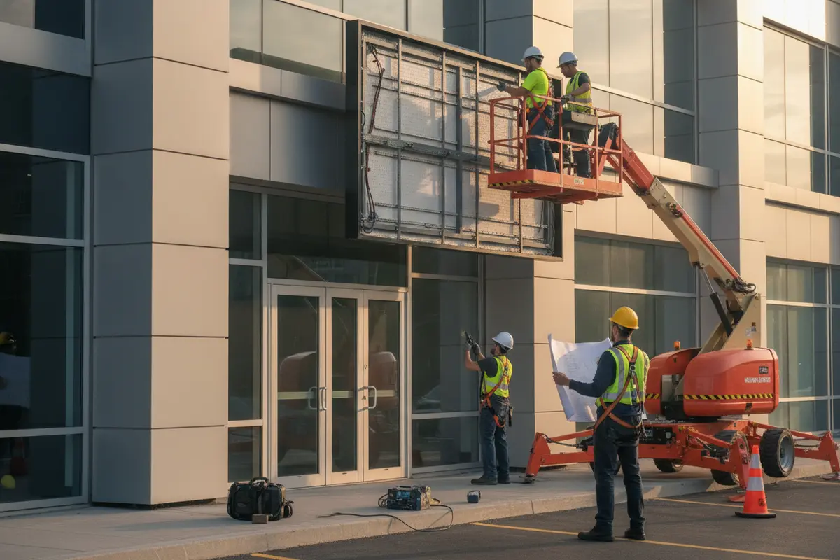 A project team coordinating installation of an illuminated exterior building sign