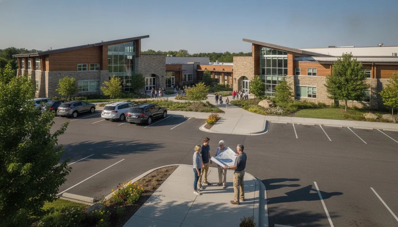 Facilities team reviewing a church campus arrival and parking plan