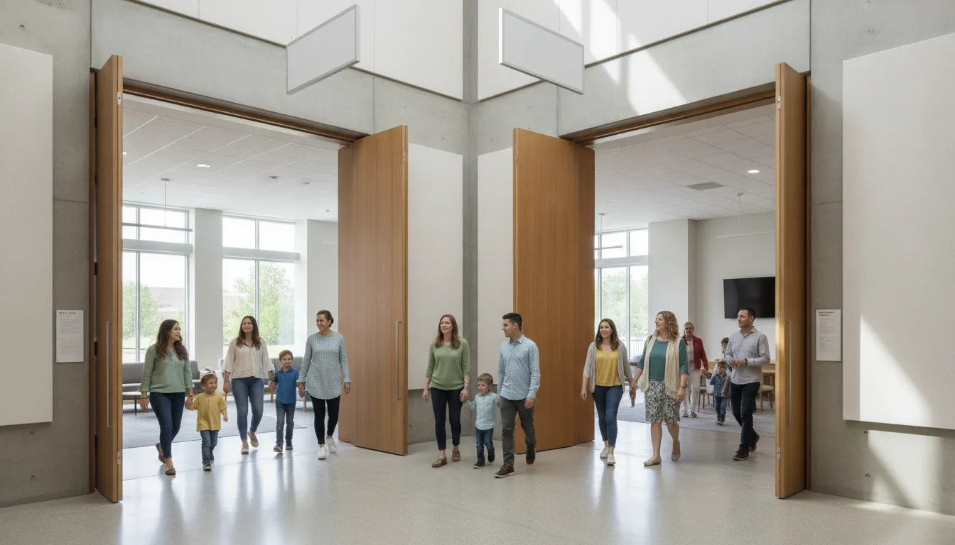 Visitors moving through a multi-building church campus interior