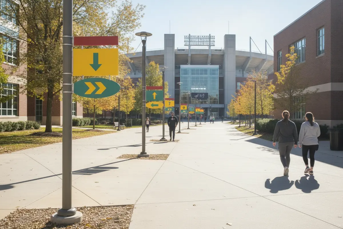 Coordinated exterior directional signs guide visitors toward a campus stadium
