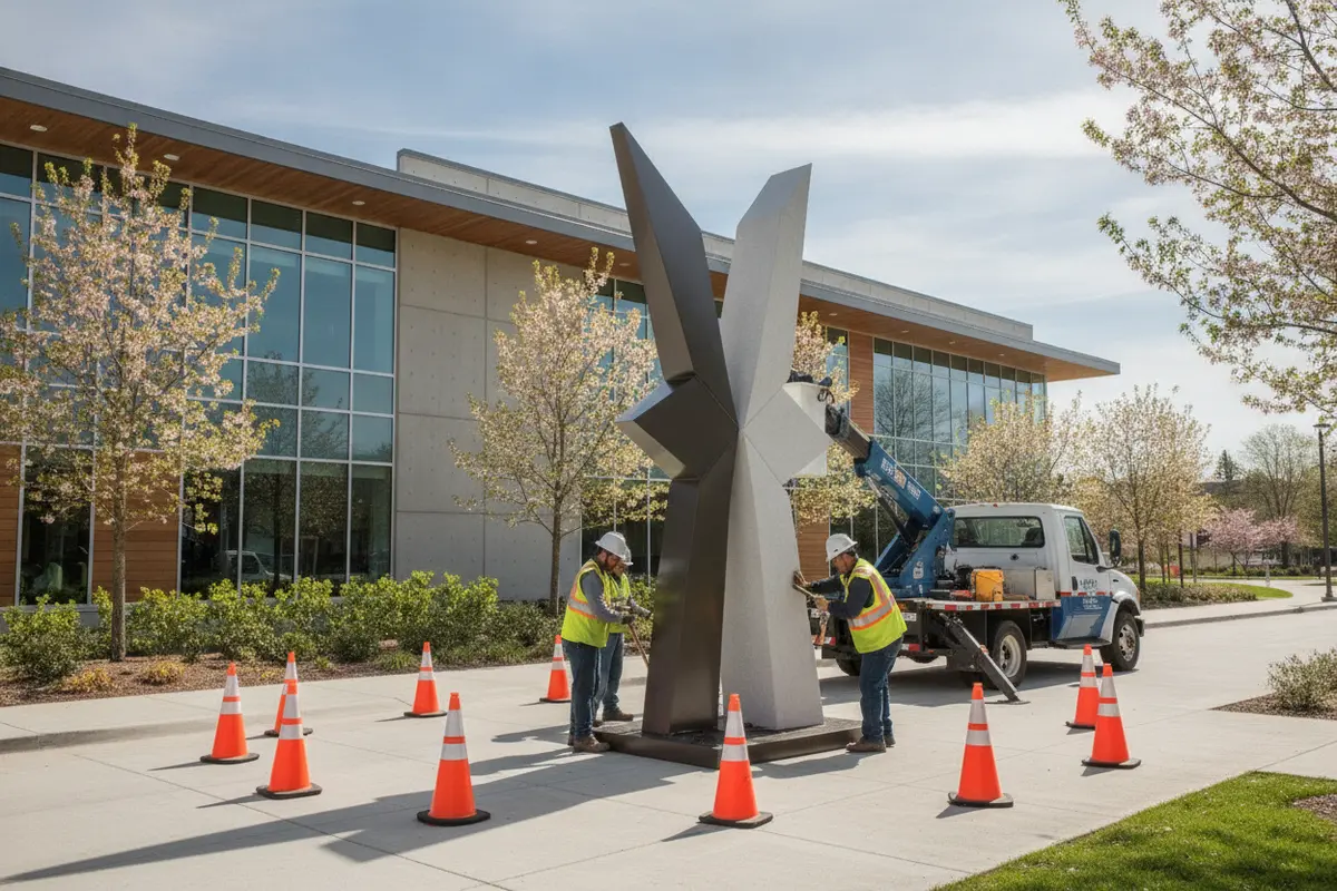 Crew coordinating installation of a public building identification sign