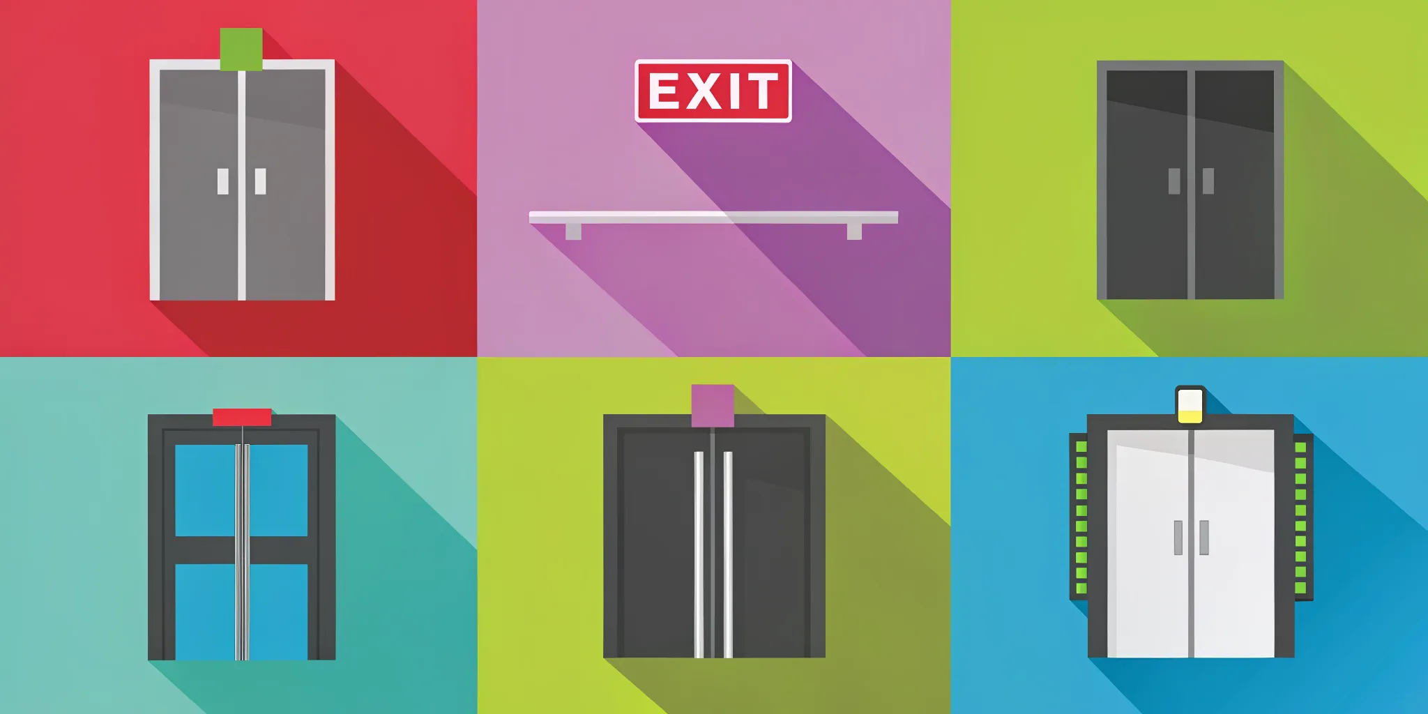Illuminated commercial exit sign mounted above doors in a modern facility