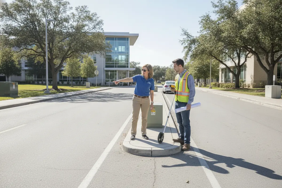 Facilities manager reviewing a proposed digital message board location at a school entrance