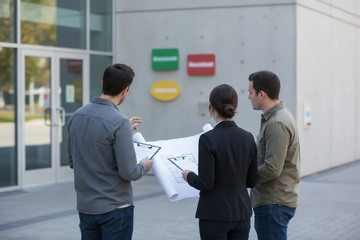 Facilities team reviewing sign locations outside a municipal building