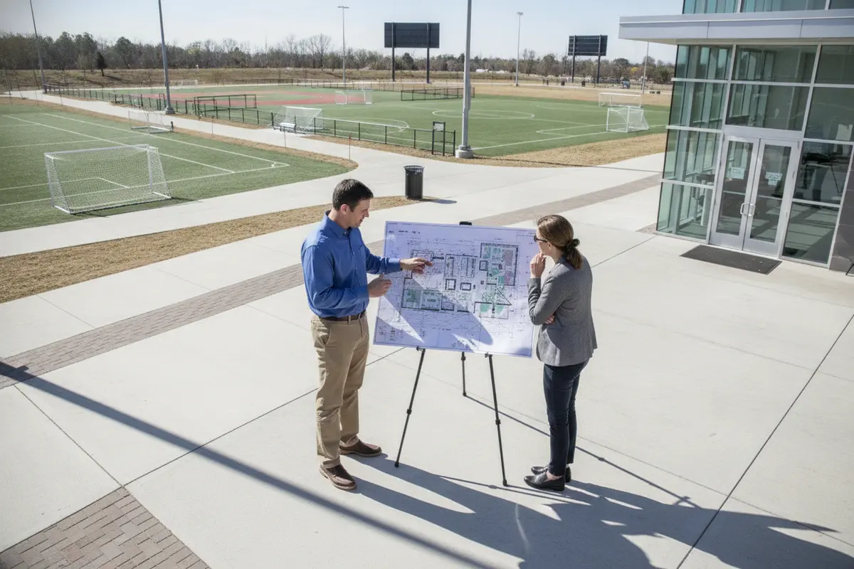Facility planners review paths and entrances across a sports complex