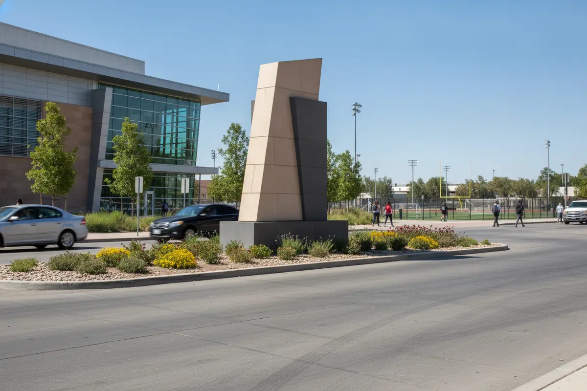 Freestanding athletics venue sign positioned along a campus approach road