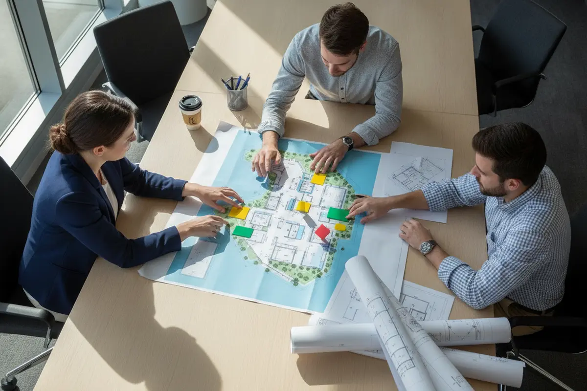 Team comparing office signage locations on a marked site plan