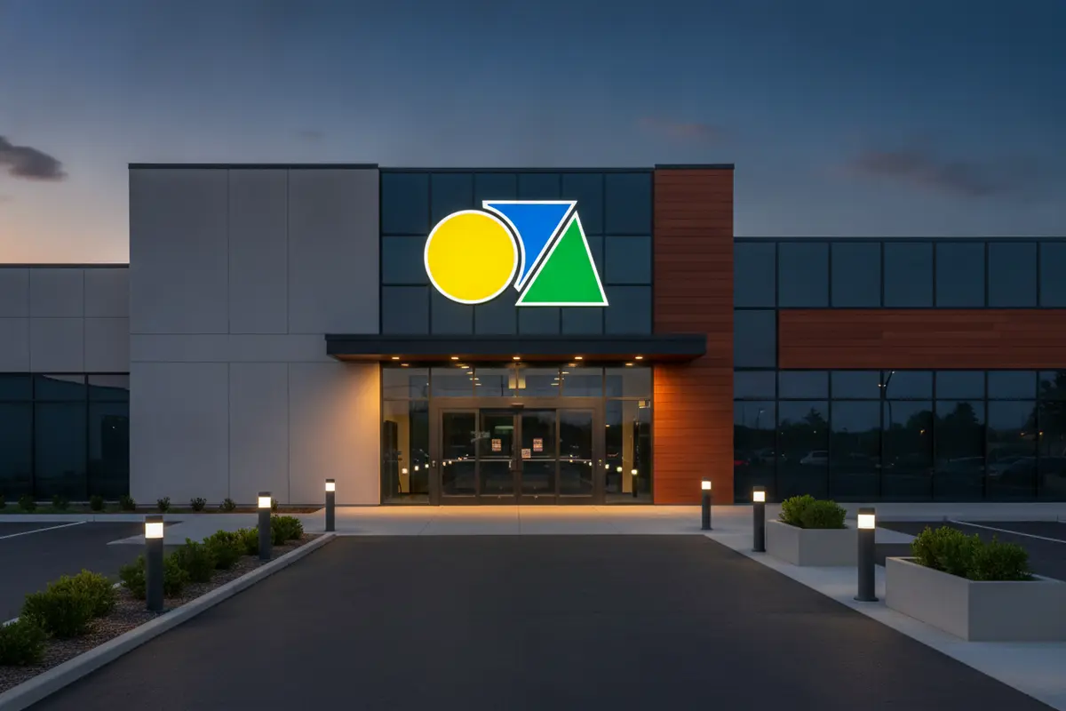 Illuminated venue identity sign viewed from the guest approach