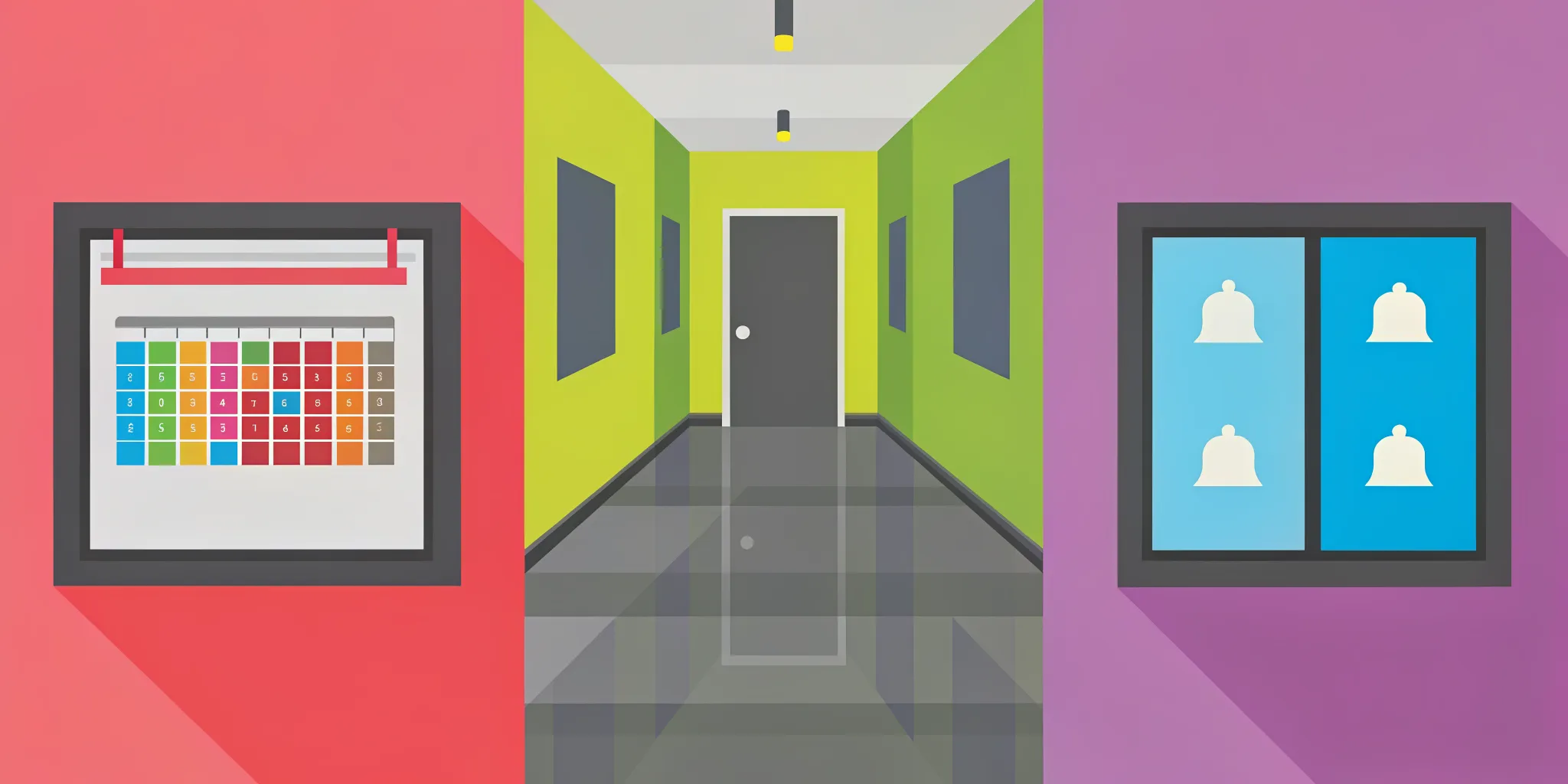 School hallway with digital signage display showing announcements, calendar, and bell schedule in high-contrast layout