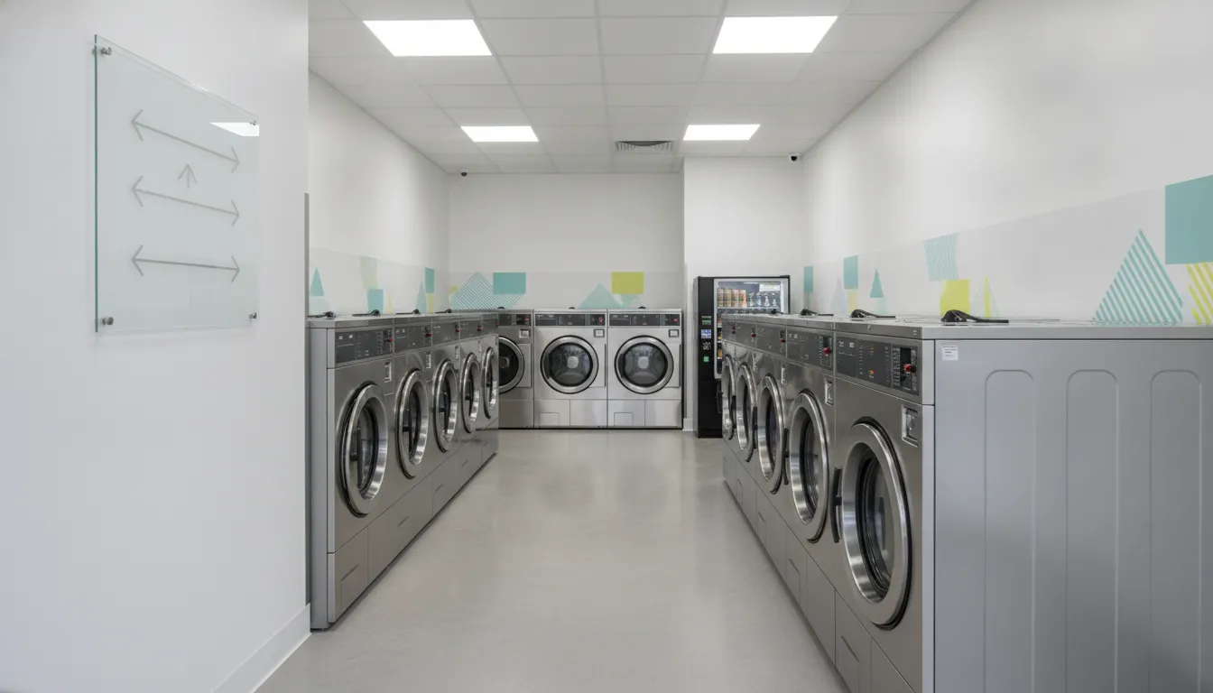 Self-service laundry interior with washers, dryers, and a wall direction sign