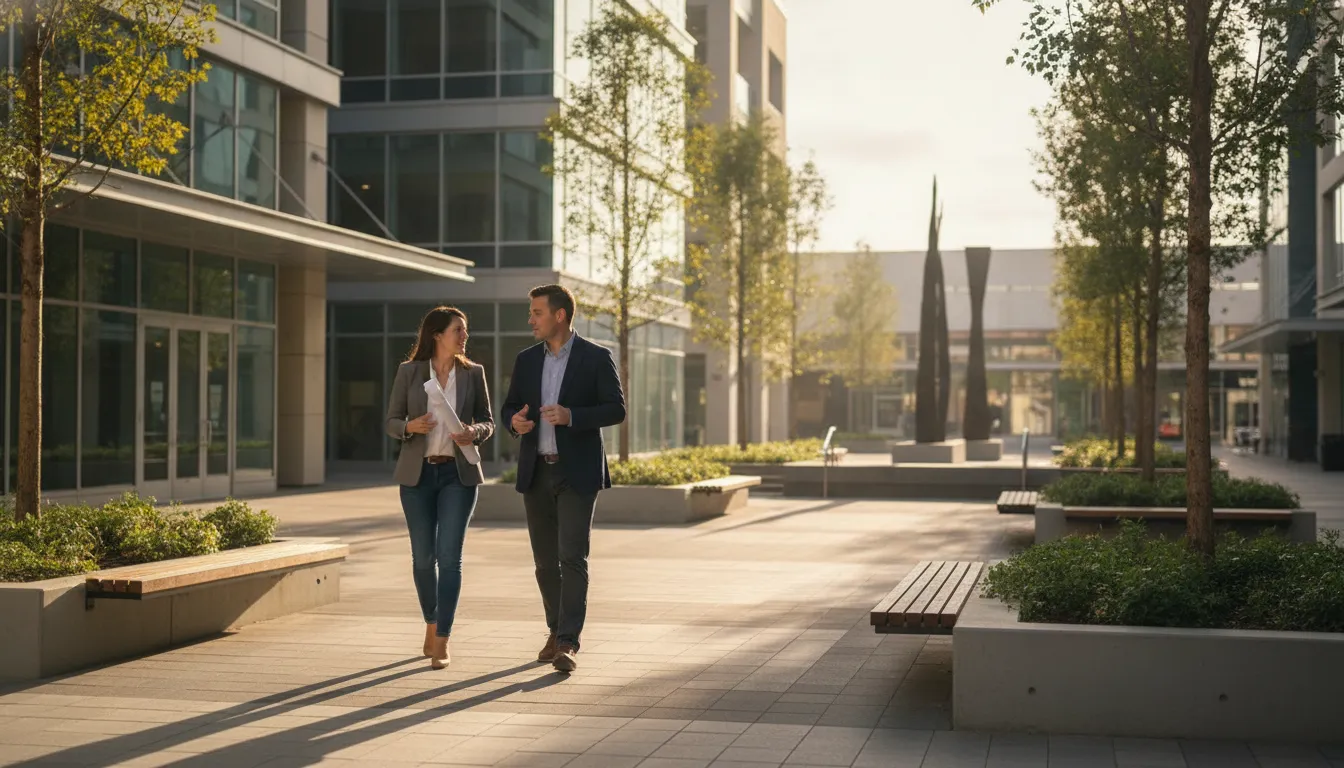 Architect and property manager reviewing a commercial development site