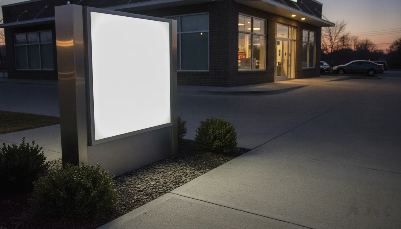 Illuminated monument sign beside a commercial laundry entrance at dusk