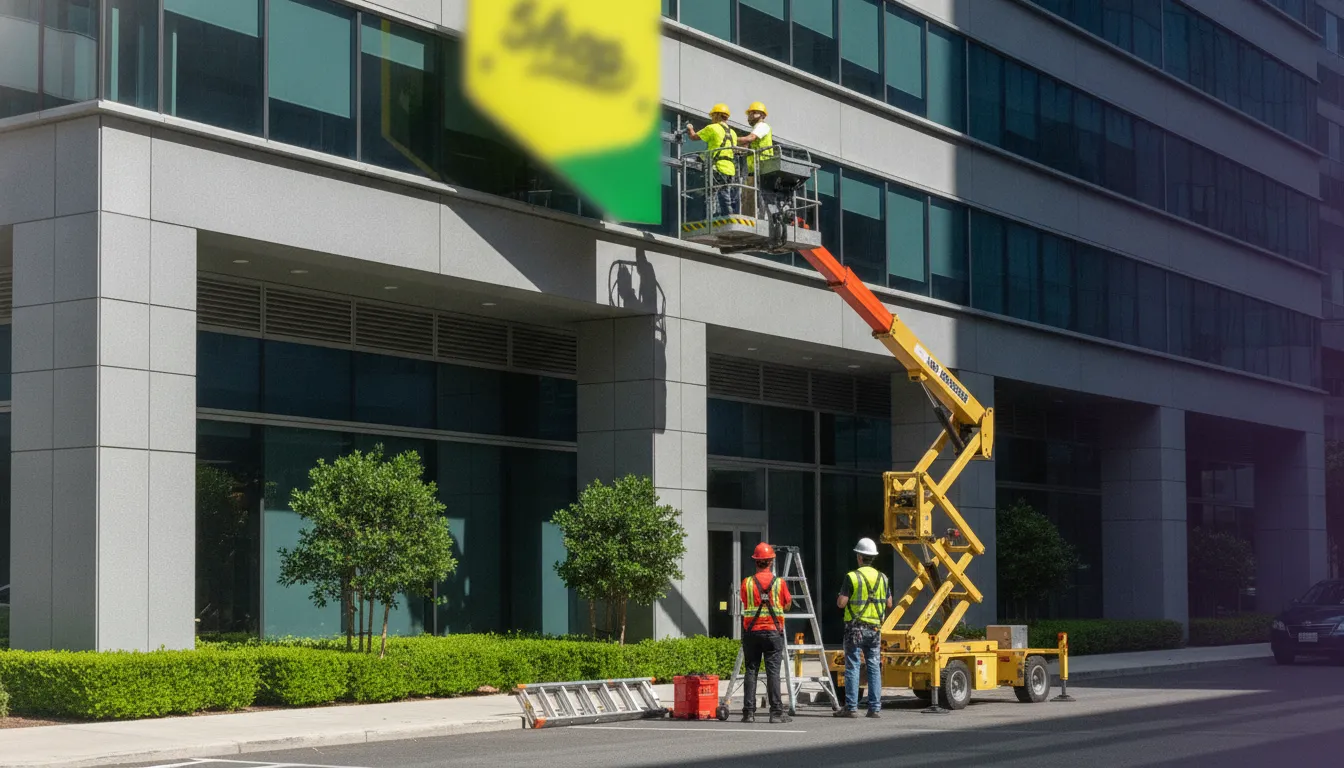 Commercial sign installation crew coordinating work at an office building