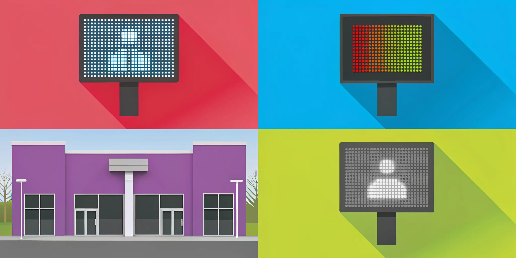 Modern electronic message center LED sign on a commercial building exterior at dusk displaying dynamic content
