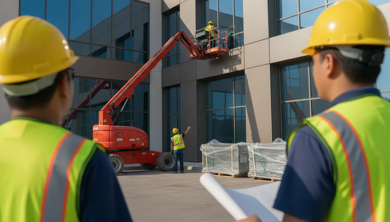 Sign installation team coordinating placement at a commercial property
